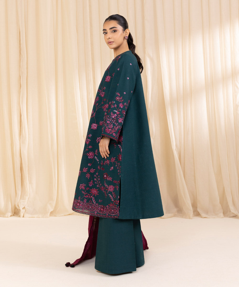 Women's Unstitched Embroidered Emerald Green Khaddar Three Piece Suit