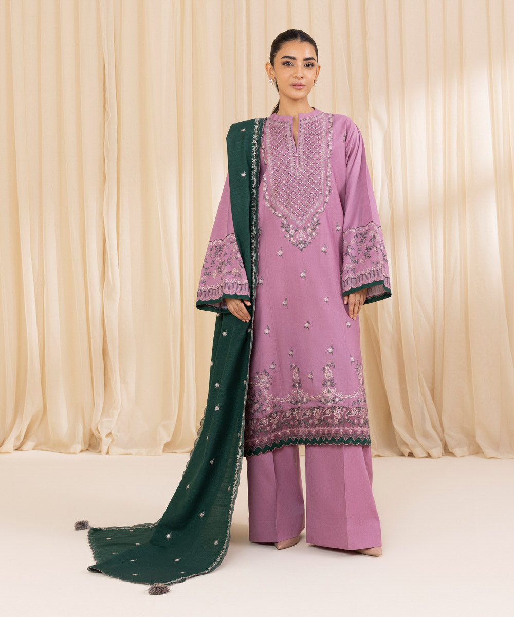 Women's Unstitched Embroidered Blush Pink Khaddar Three Piece Suit