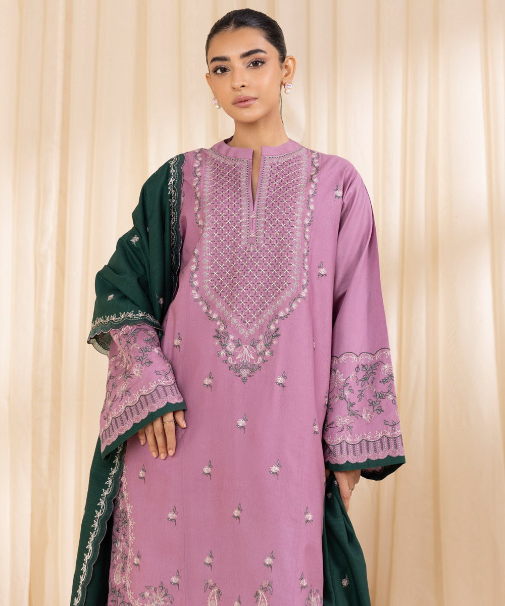 Women's Unstitched Embroidered Blush Pink Khaddar Three Piece Suit