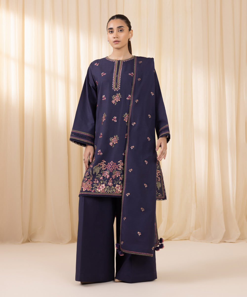 Women's Unstitched Embroidered Midnight Blue Khaddar Three Piece Suit