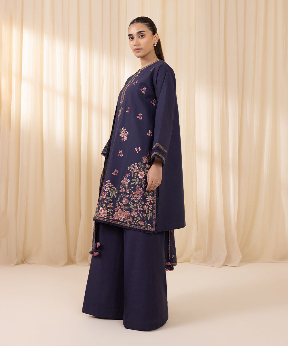 Women's Unstitched Embroidered Midnight Blue Khaddar Three Piece Suit