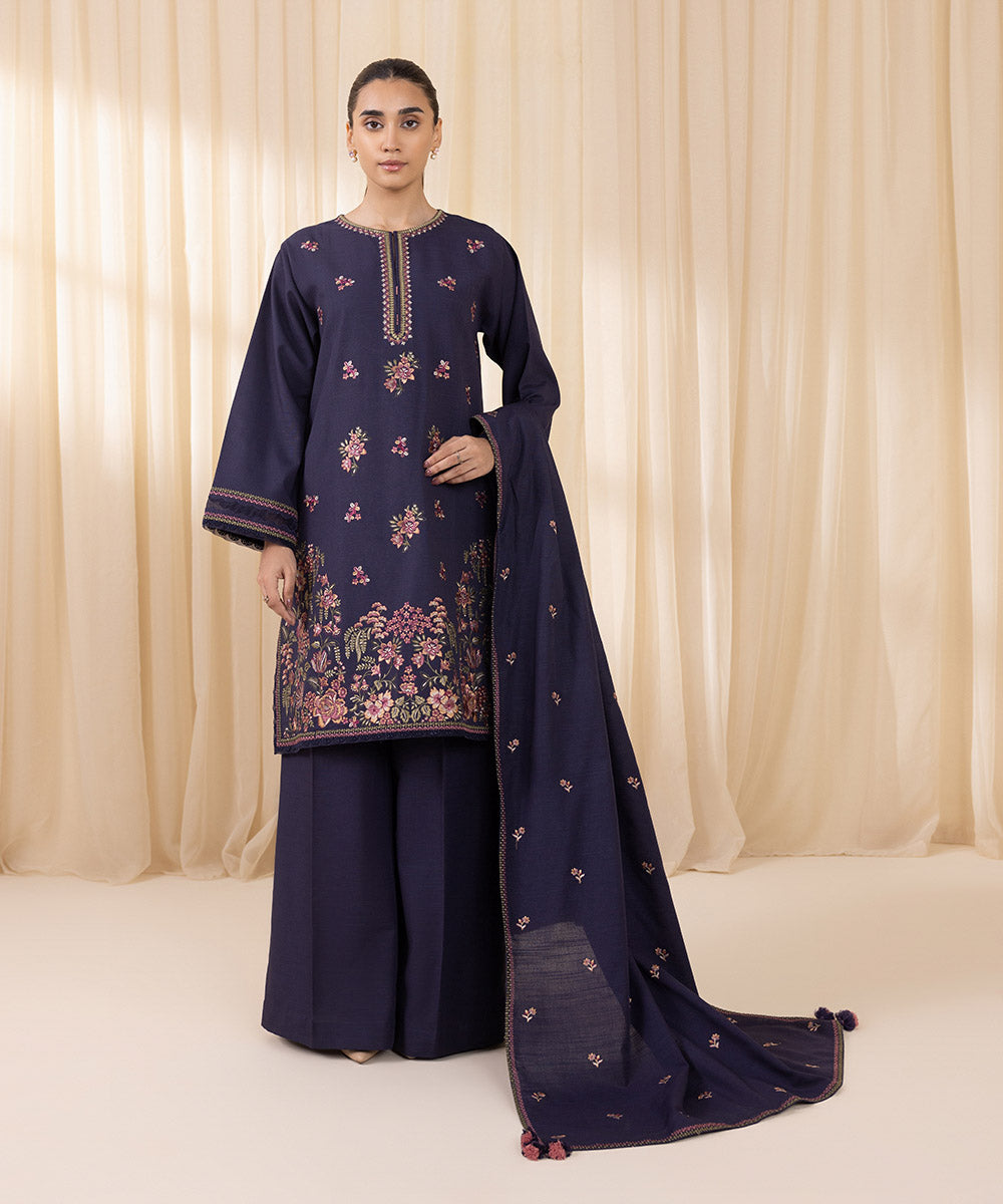 Women's Unstitched Embroidered Midnight Blue Khaddar Three Piece Suit