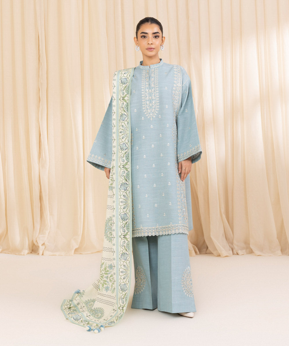 Women's Unstitched Embroidered Aqua Khaddar Three Piece Suit