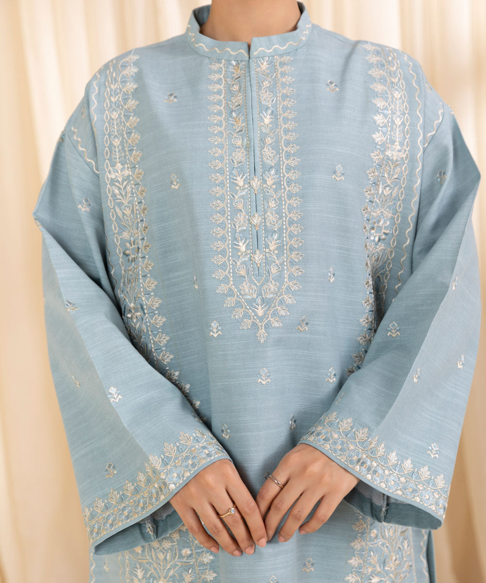 Women's Unstitched Embroidered Aqua Khaddar Three Piece Suit