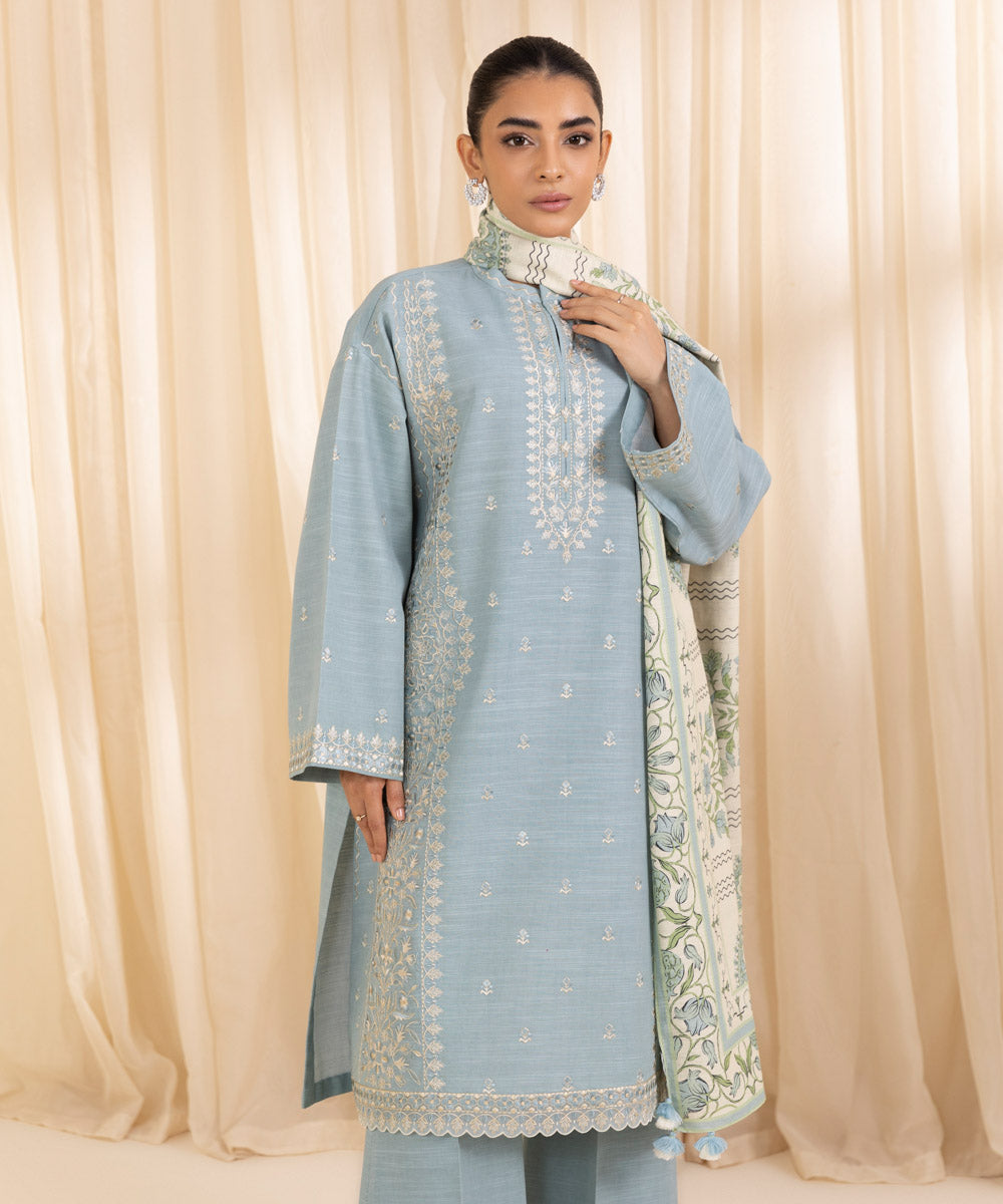 Women's Unstitched Embroidered Aqua Khaddar Three Piece Suit