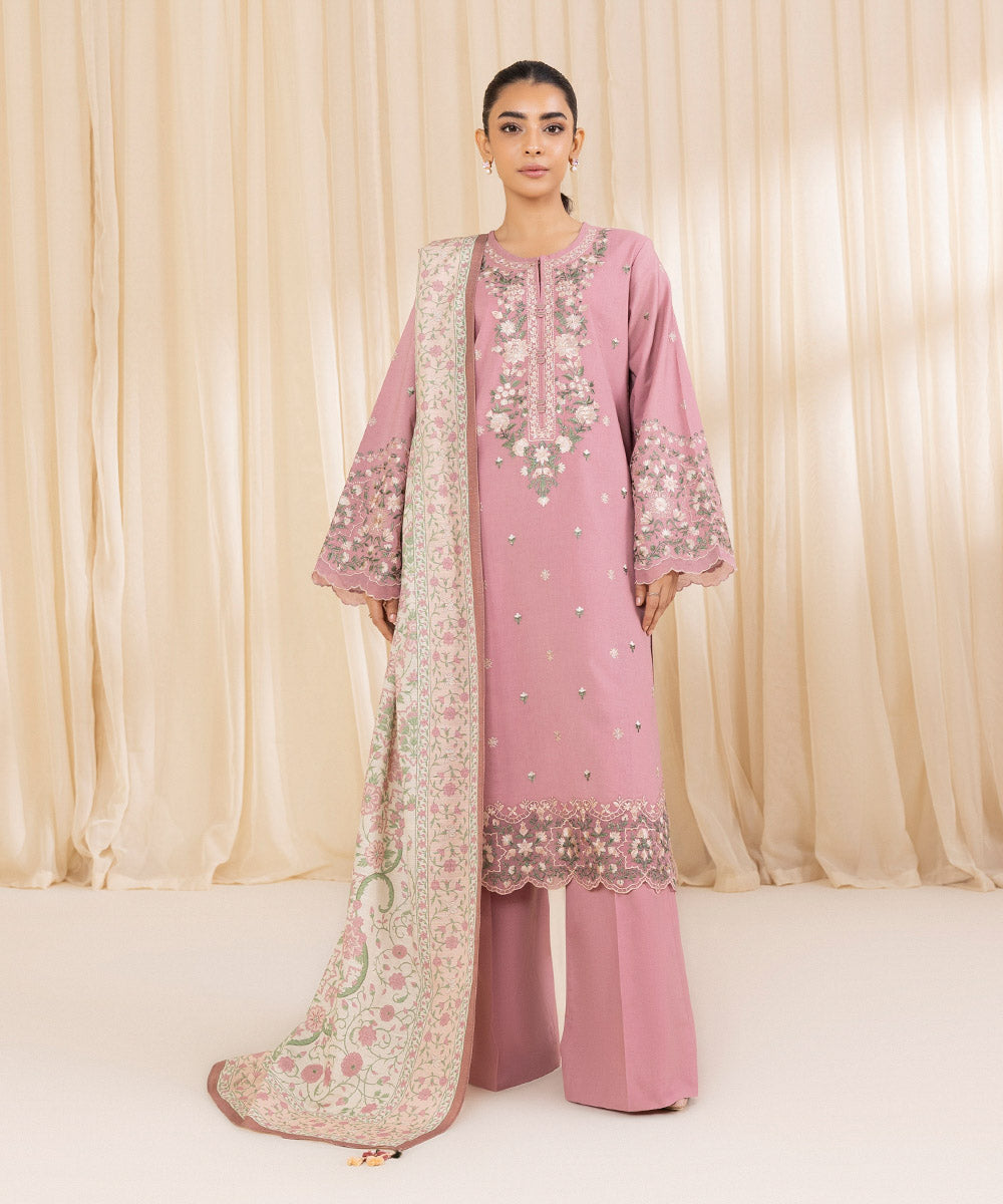 Women's Unstitched Embroidered Tea Pink Cambric Three Piece Suit