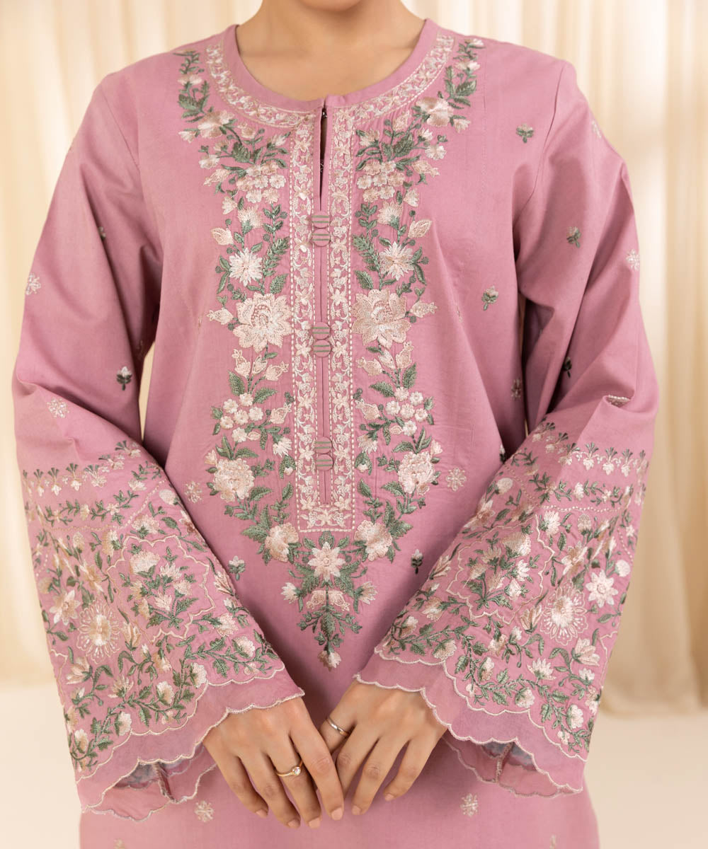 Women's Unstitched Embroidered Tea Pink Cambric Three Piece Suit