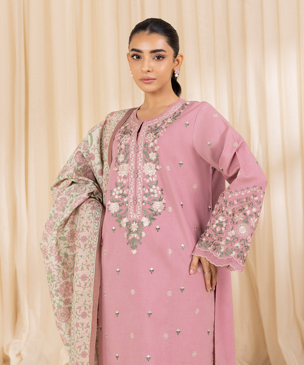 Women's Unstitched Embroidered Tea Pink Cambric Three Piece Suit