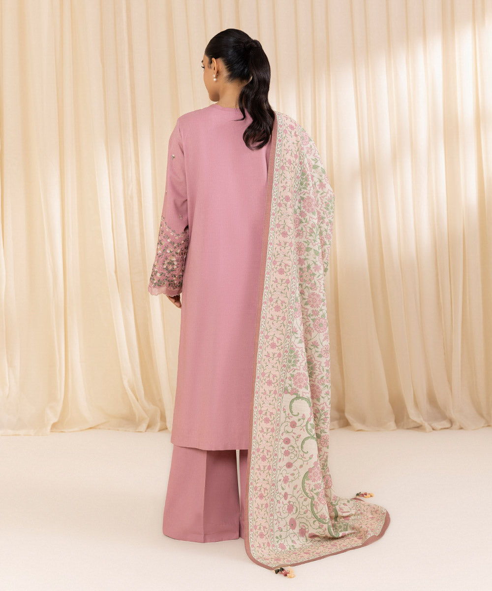 Women's Unstitched Embroidered Tea Pink Cambric Three Piece Suit