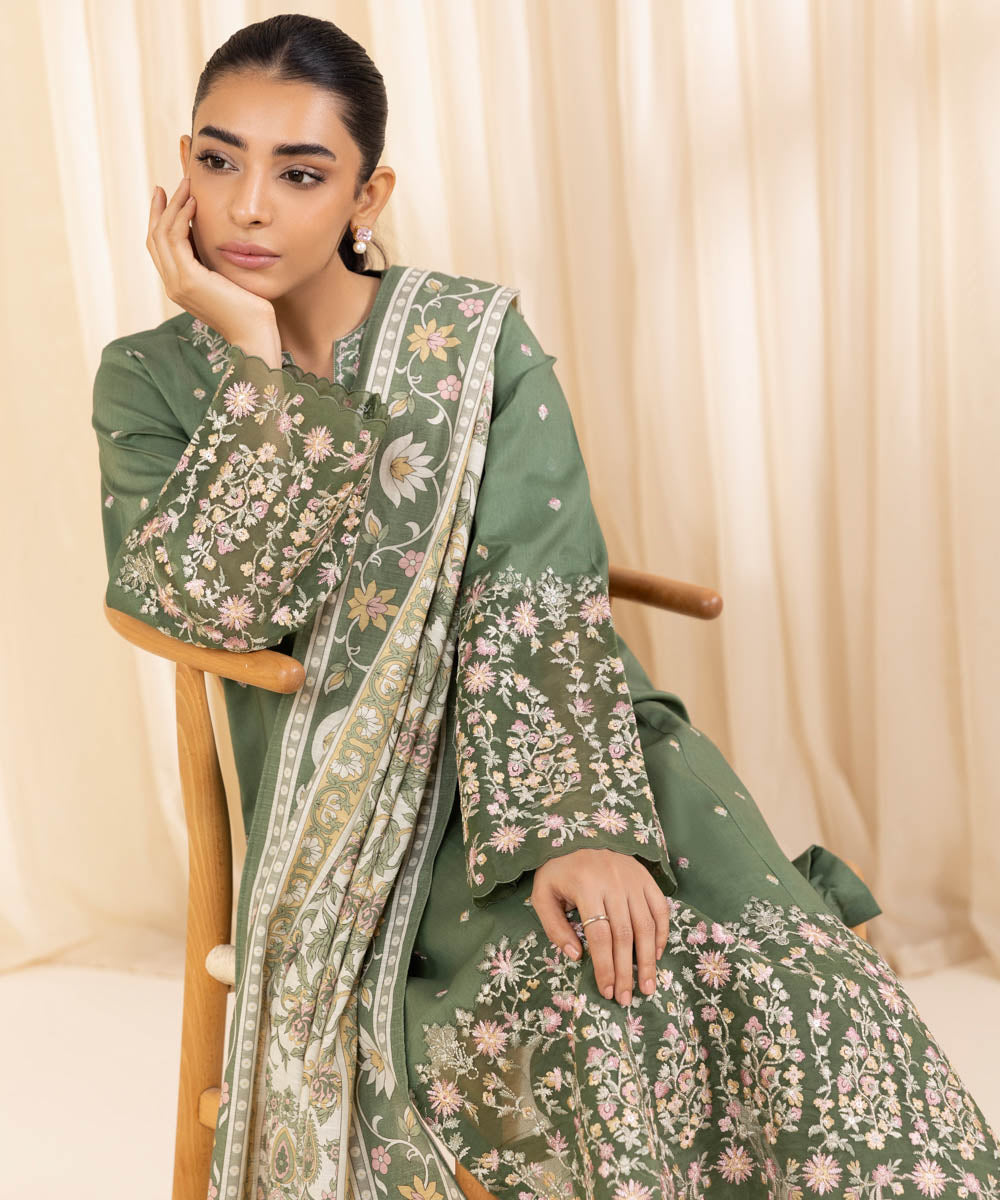 Women's Unstitched Embroidered Laurel Green Cambric Three Piece Suit