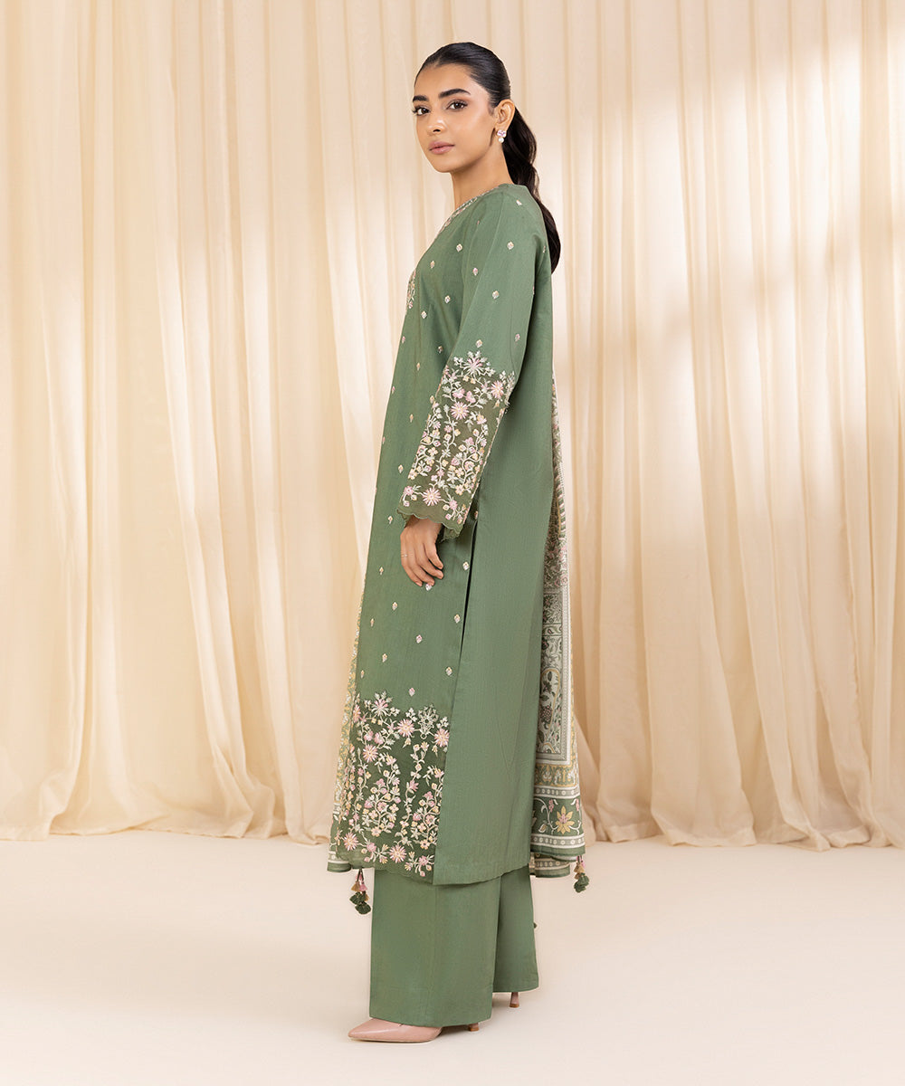 Women's Unstitched Embroidered Laurel Green Cambric Three Piece Suit