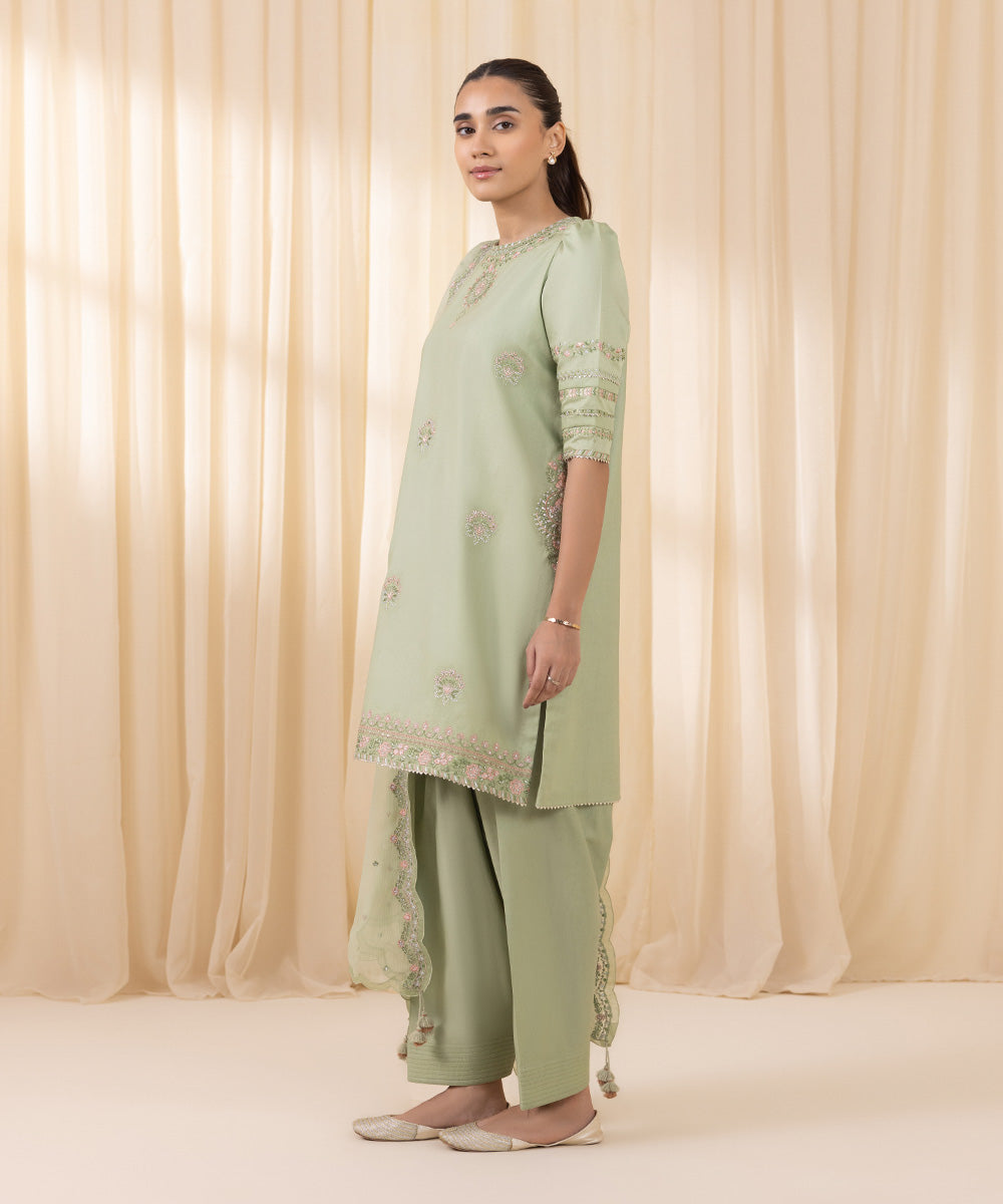 Women's Unstitched Embroidered Mint Green Fine Cotton Satin Three Piece Suit