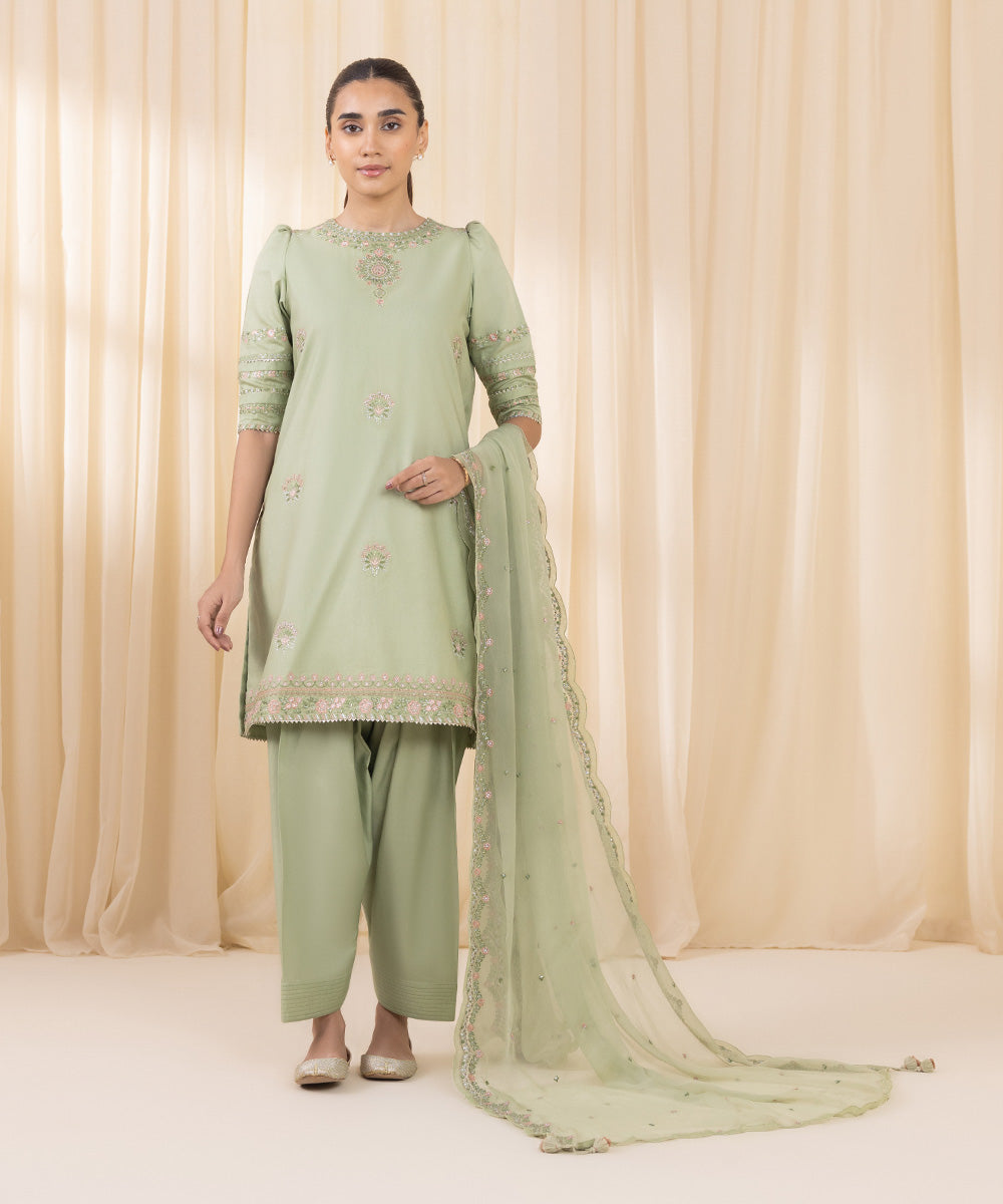 Women's Unstitched Embroidered Mint Green Fine Cotton Satin Three Piece Suit