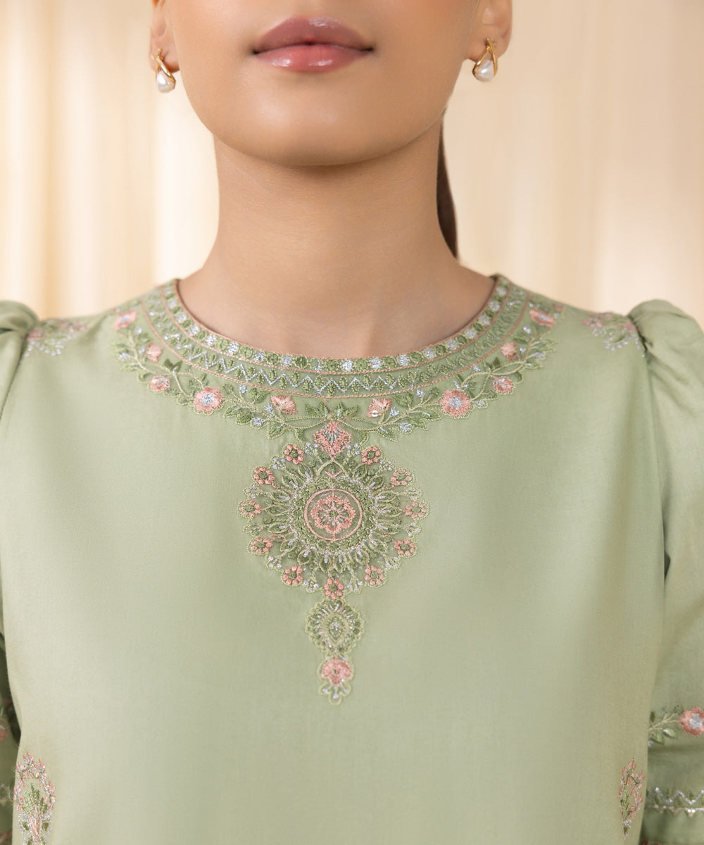 Women's Unstitched Embroidered Mint Green Fine Cotton Satin Three Piece Suit