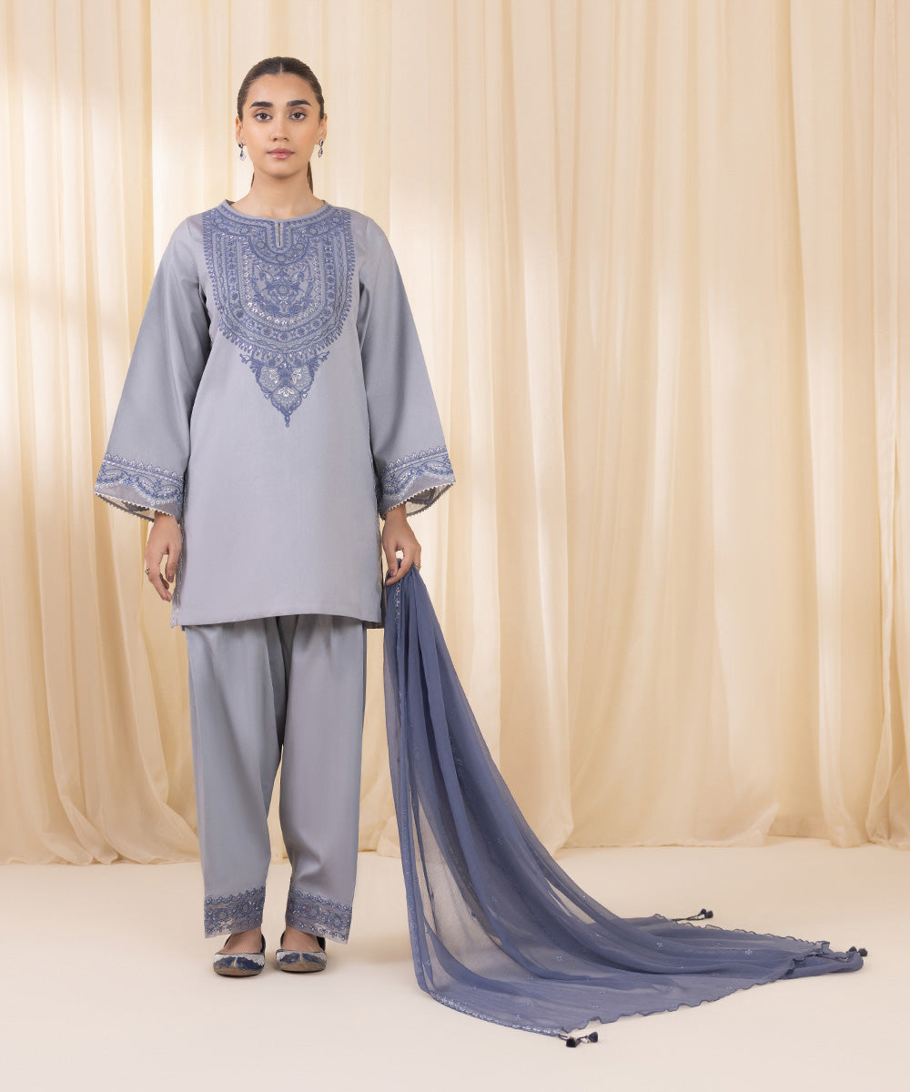 Women's Unstitched Embroidered Ice Blue Fine Cotton Satin Three Piece Suit