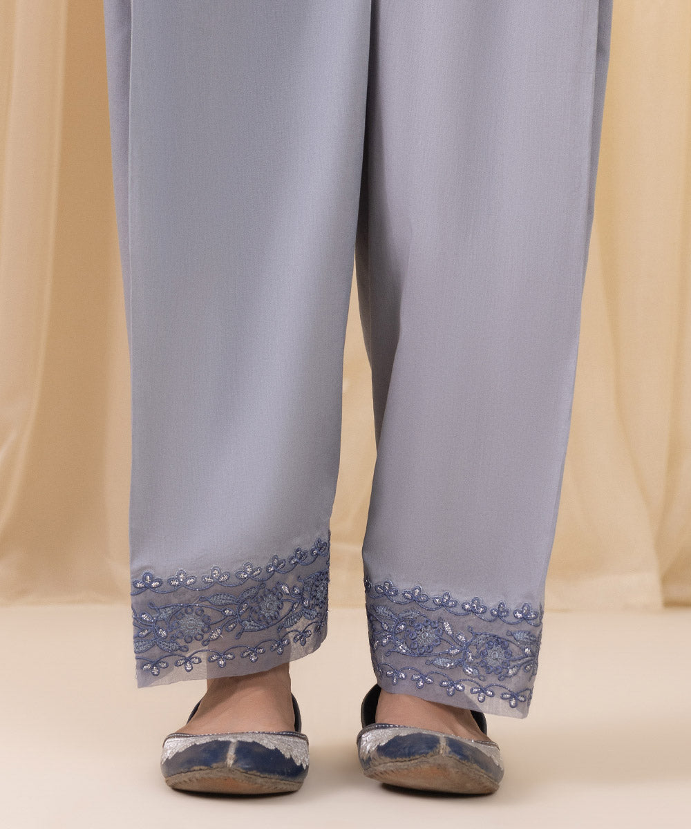 Women's Unstitched Embroidered Ice Blue Fine Cotton Satin Three Piece Suit