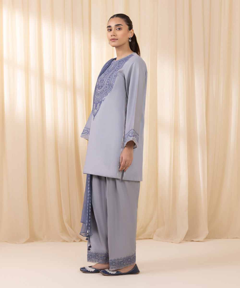 Women's Unstitched Embroidered Ice Blue Fine Cotton Satin Three Piece Suit