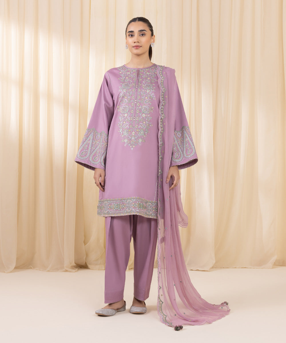 Women's Unstitched Embroidered Dusty Purple Fine Cotton Satin Three Piece Suit