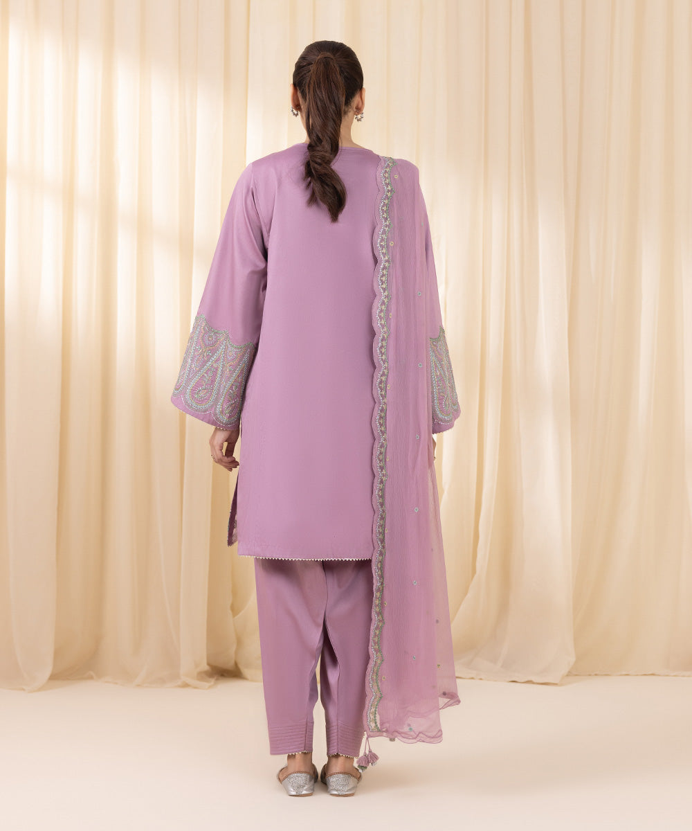 Women's Unstitched Embroidered Dusty Purple Fine Cotton Satin Three Piece Suit