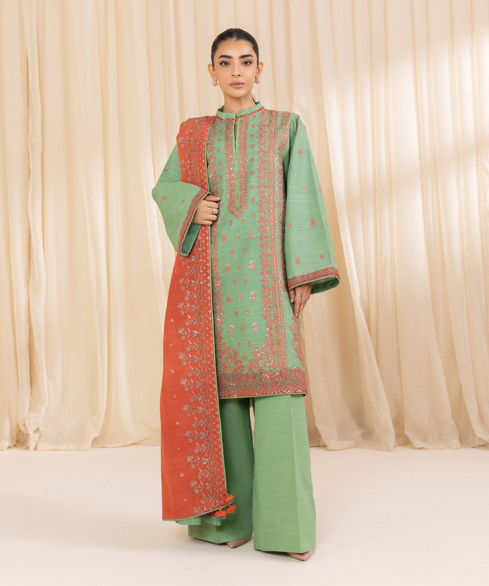 Women's Unstitched Embroidered Green Khaddar Three Piece Suit