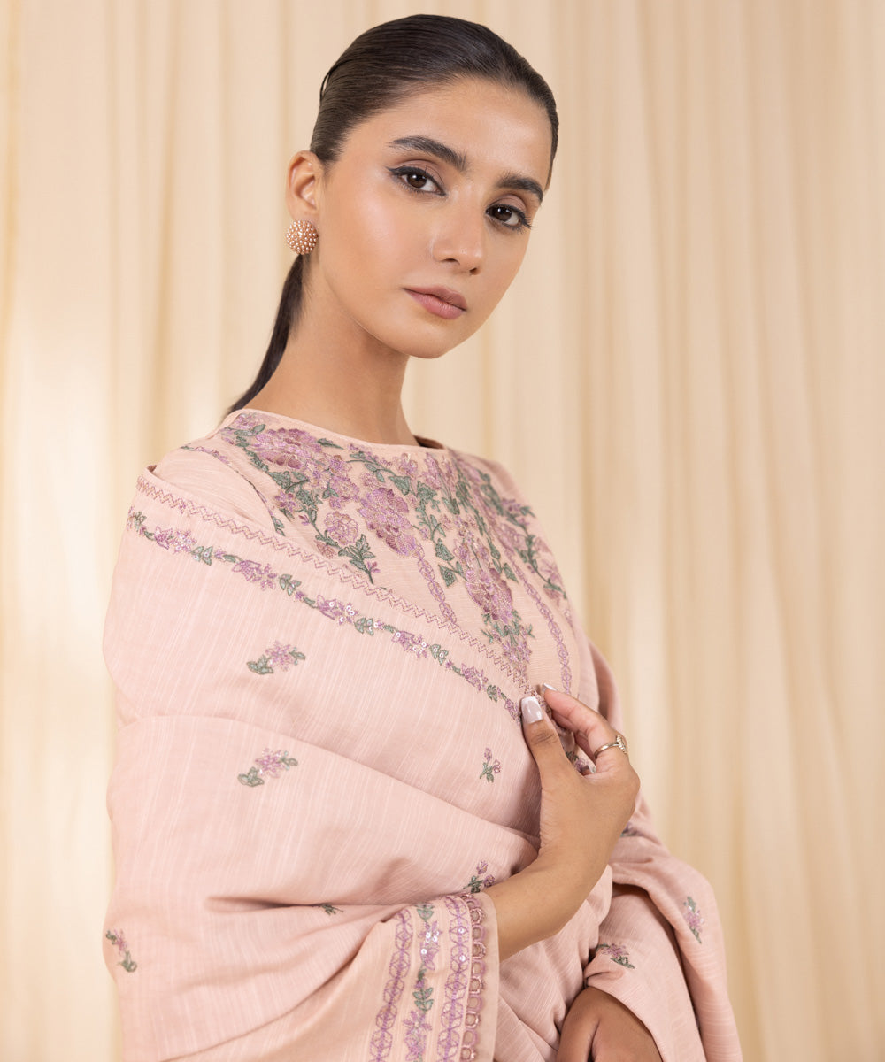 Women's Unstitched Embroidered Peachy Pink Khaddar Three Piece Suit