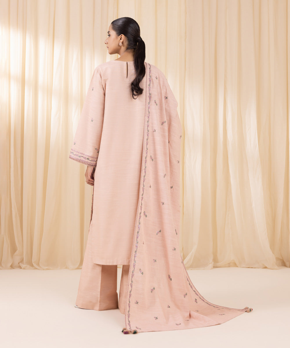 Women's Unstitched Embroidered Peachy Pink Khaddar Three Piece Suit