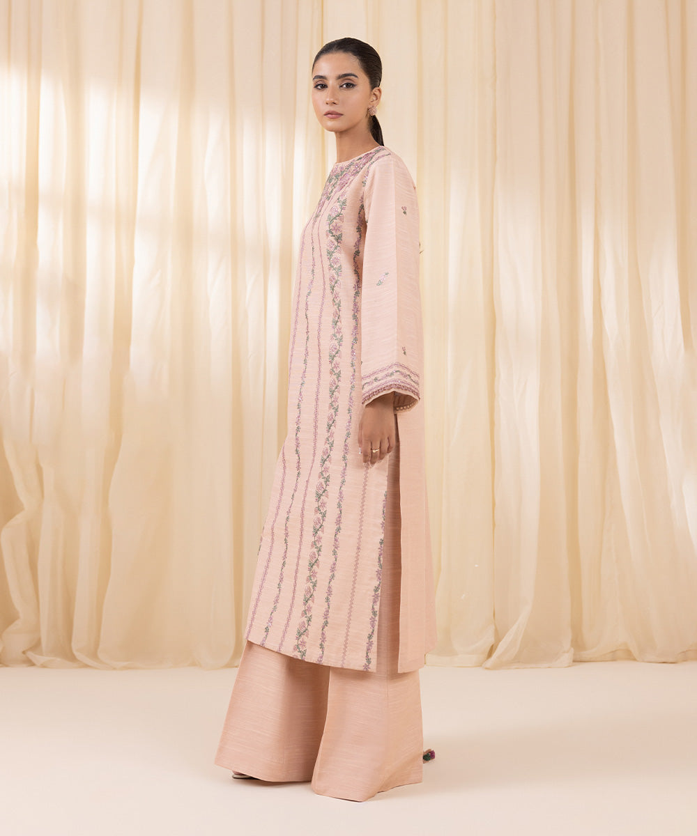 Women's Unstitched Embroidered Peachy Pink Khaddar Three Piece Suit