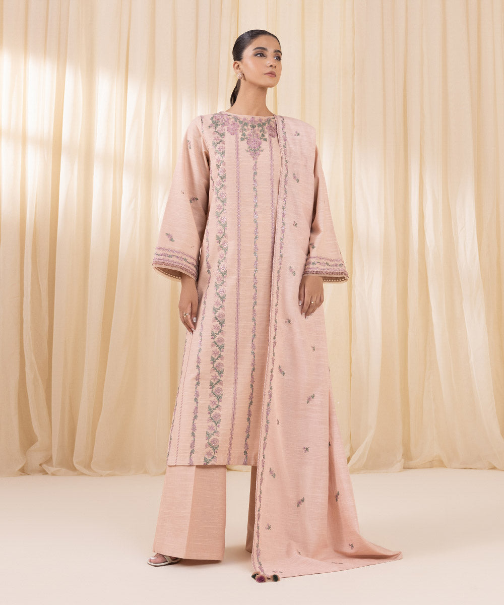 Women's Unstitched Embroidered Peachy Pink Khaddar Three Piece Suit