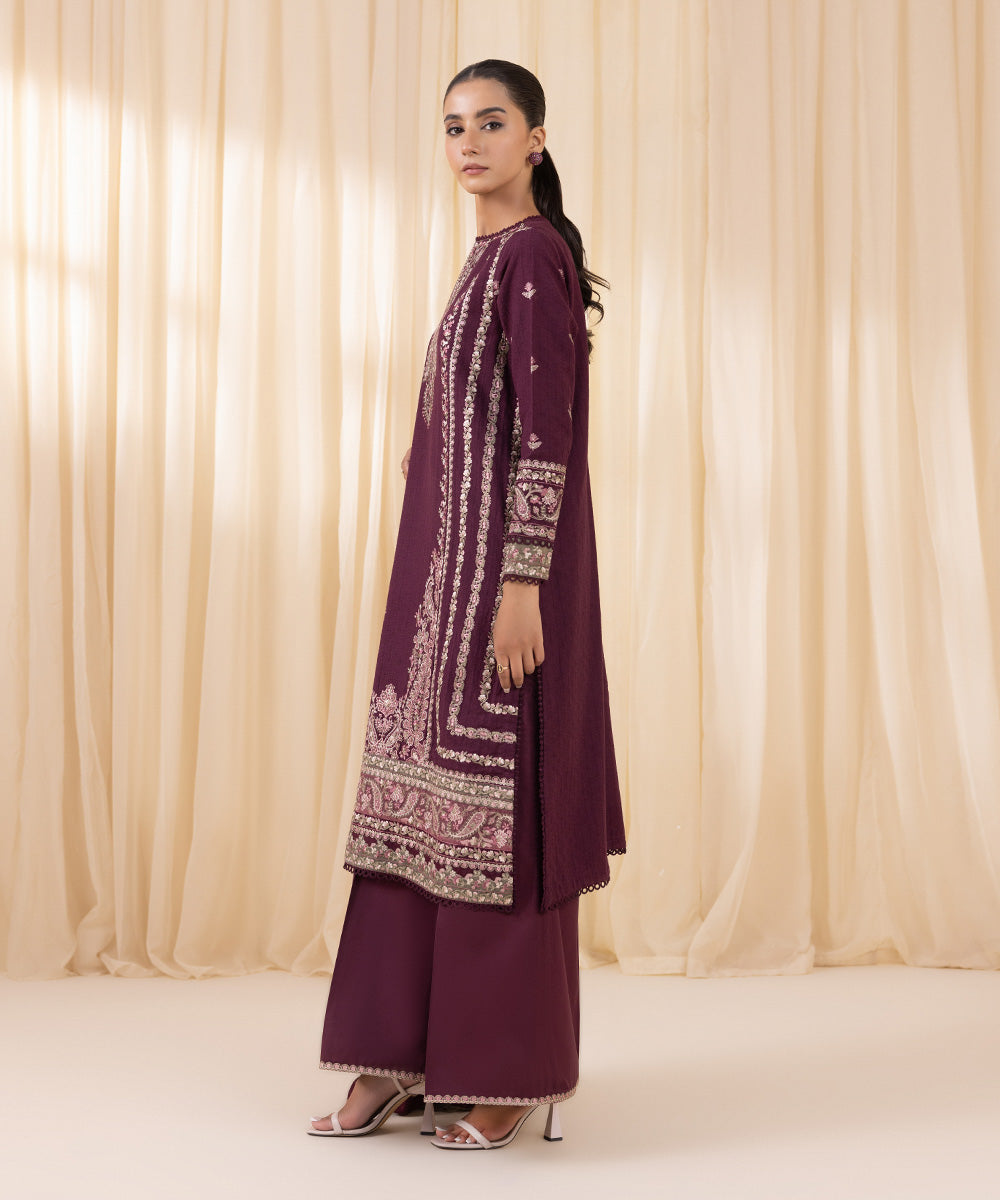 Women's Unstitched Purple Cotton Jacquard Three Piece Suit