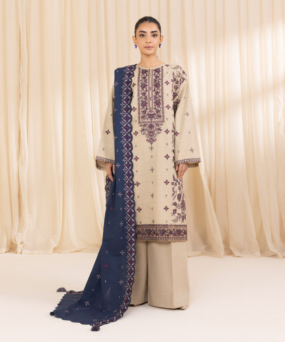 Women's Unstitched Embroidered Beige Khaddar Three Piece Suit