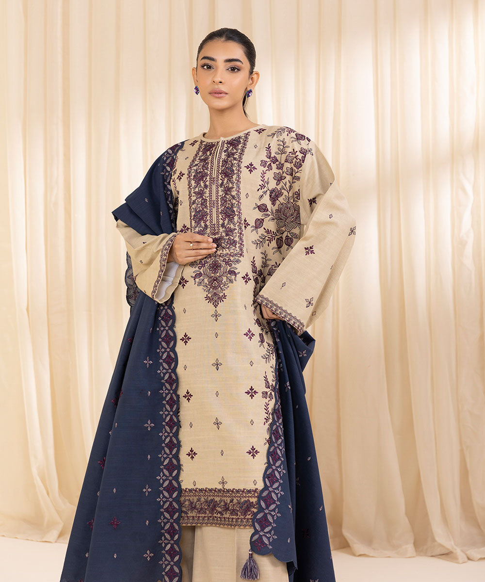 Women's Unstitched Embroidered Beige Khaddar Three Piece Suit