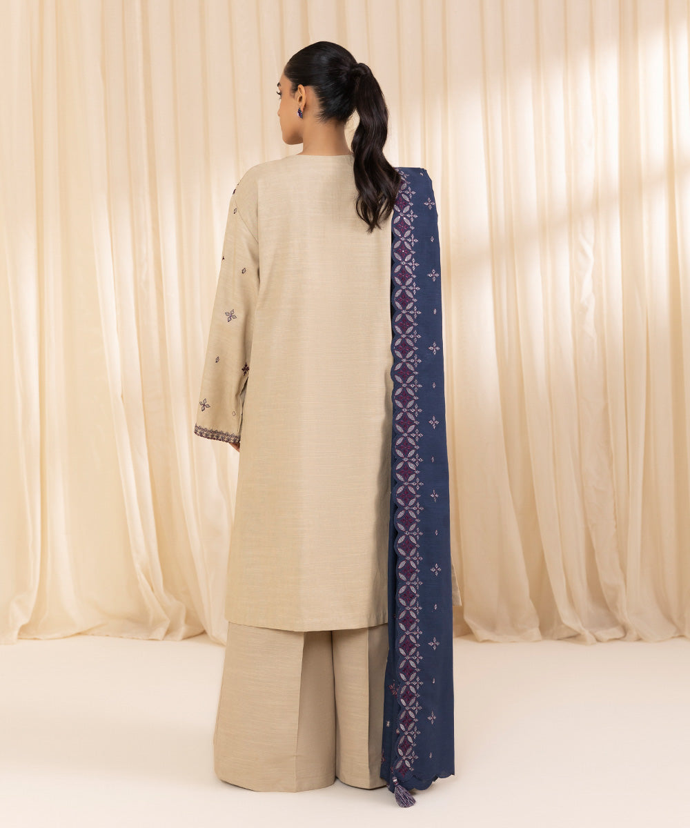 Women's Unstitched Embroidered Beige Khaddar Three Piece Suit