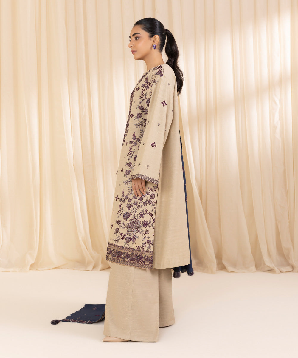 Women's Unstitched Embroidered Beige Khaddar Three Piece Suit