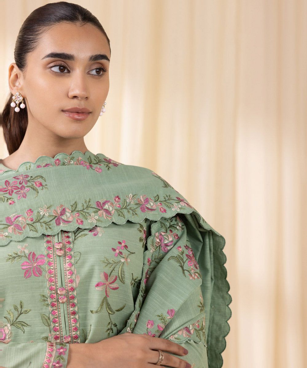 Women's Unstitched Embroidered Tea Green Khaddar Three Piece Suit