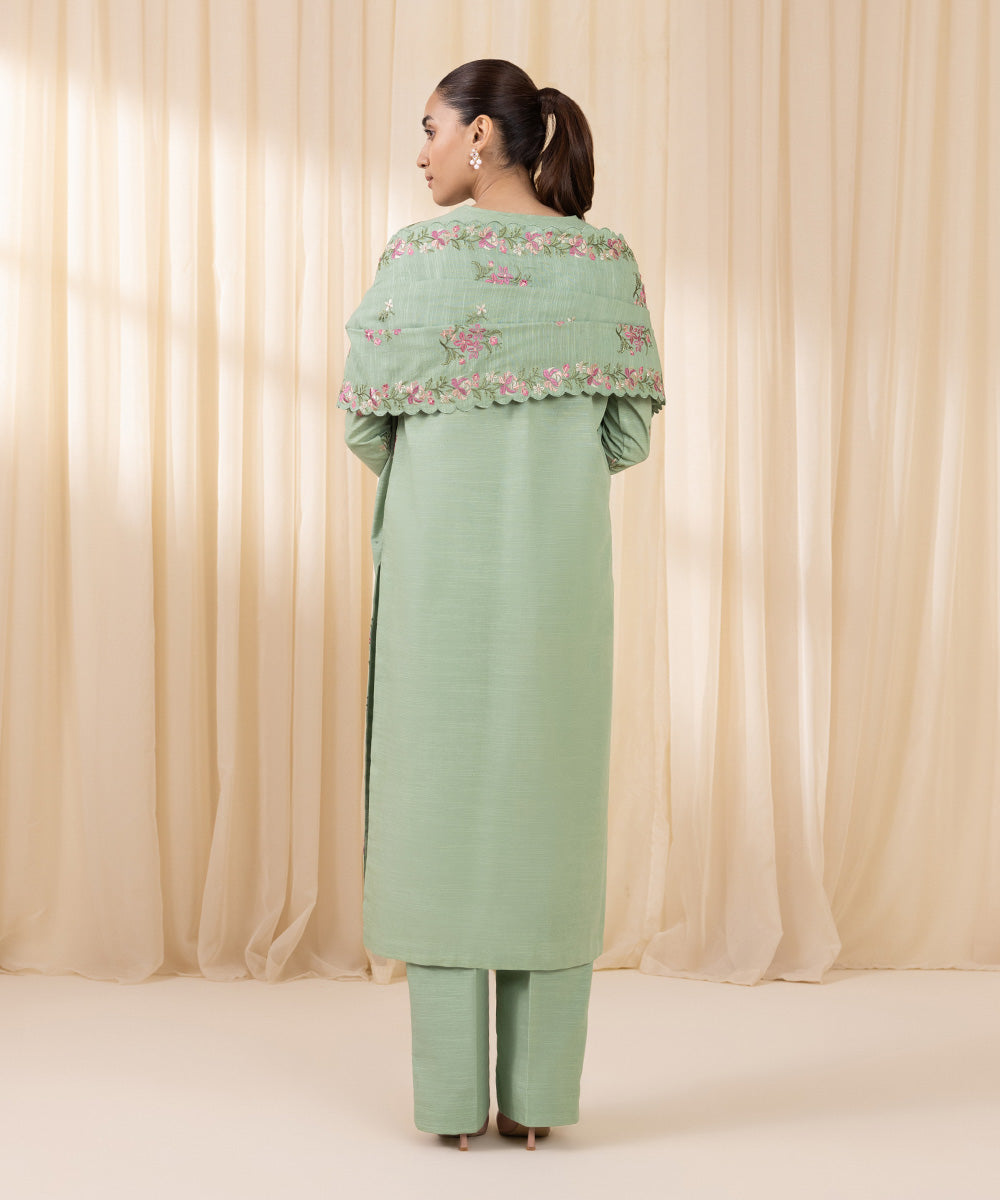 Women's Unstitched Embroidered Tea Green Khaddar Three Piece Suit