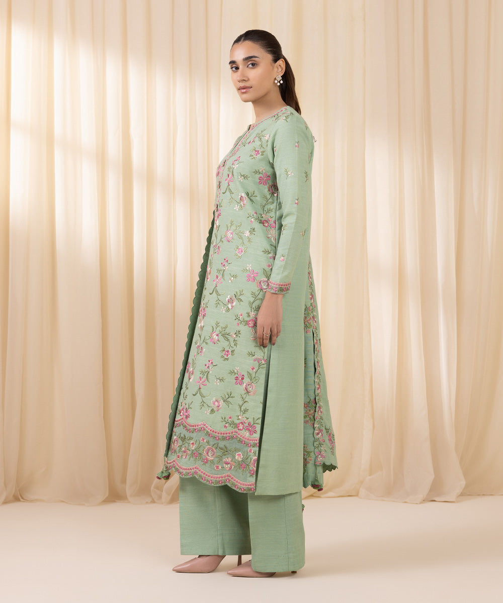 Women's Unstitched Embroidered Tea Green Khaddar Three Piece Suit