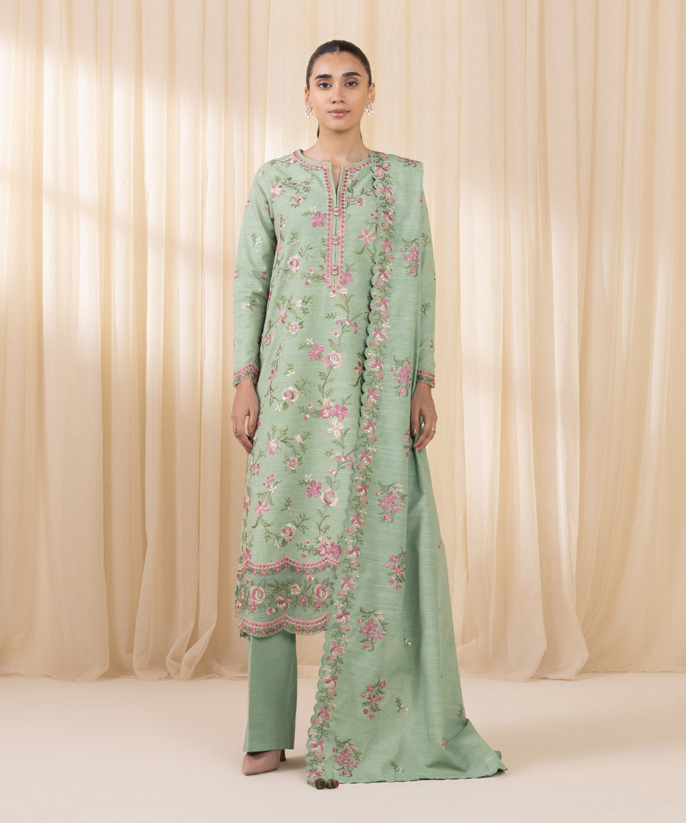 Women's Unstitched Embroidered Tea Green Khaddar Three Piece Suit