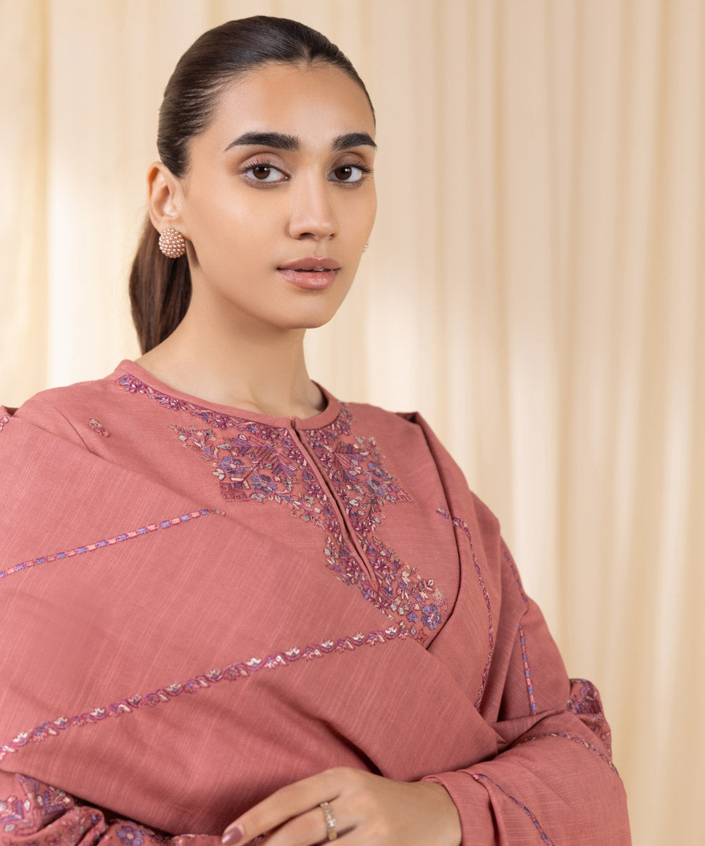 Women's Unstitched Embroidered Tea Pink Khaddar Three Piece Suit