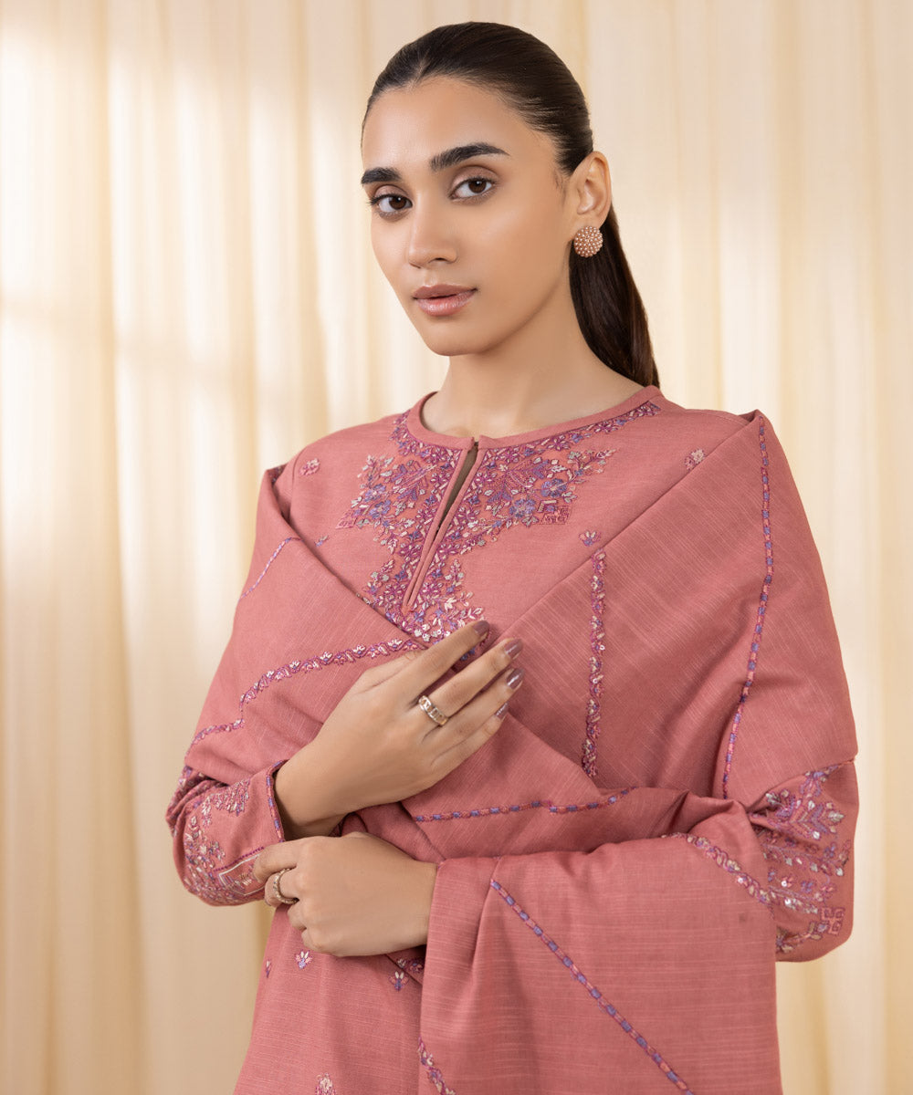 Women's Unstitched Embroidered Tea Pink Khaddar Three Piece Suit