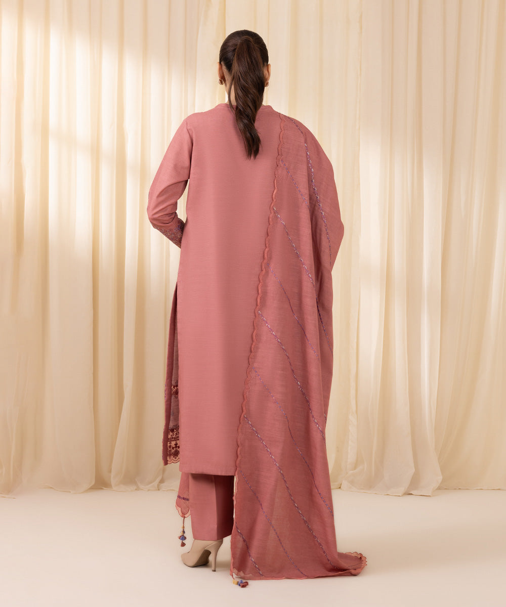 Women's Unstitched Embroidered Tea Pink Khaddar Three Piece Suit