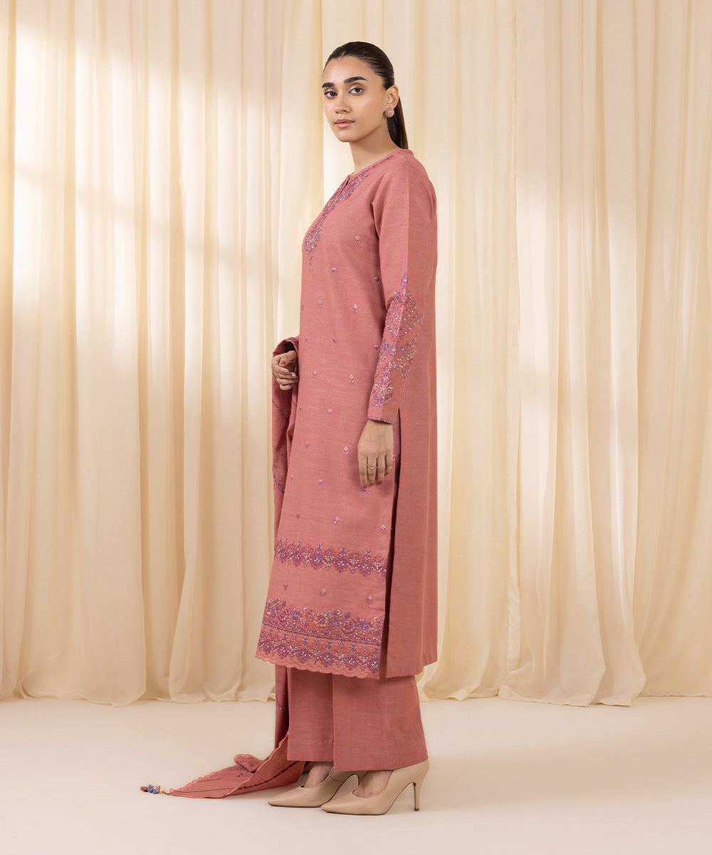 Women's Unstitched Embroidered Tea Pink Khaddar Three Piece Suit