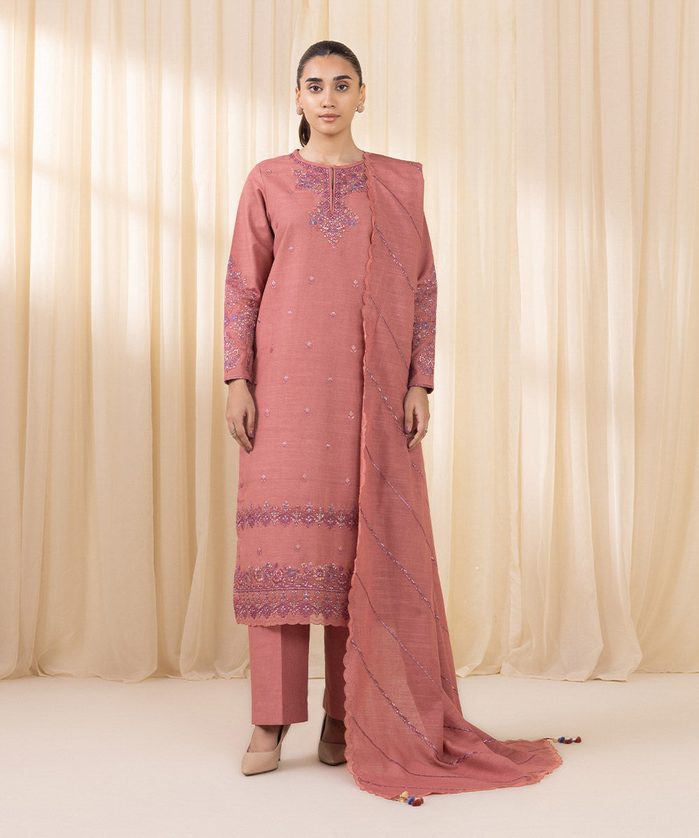 Women's Unstitched Embroidered Tea Pink Khaddar Three Piece Suit