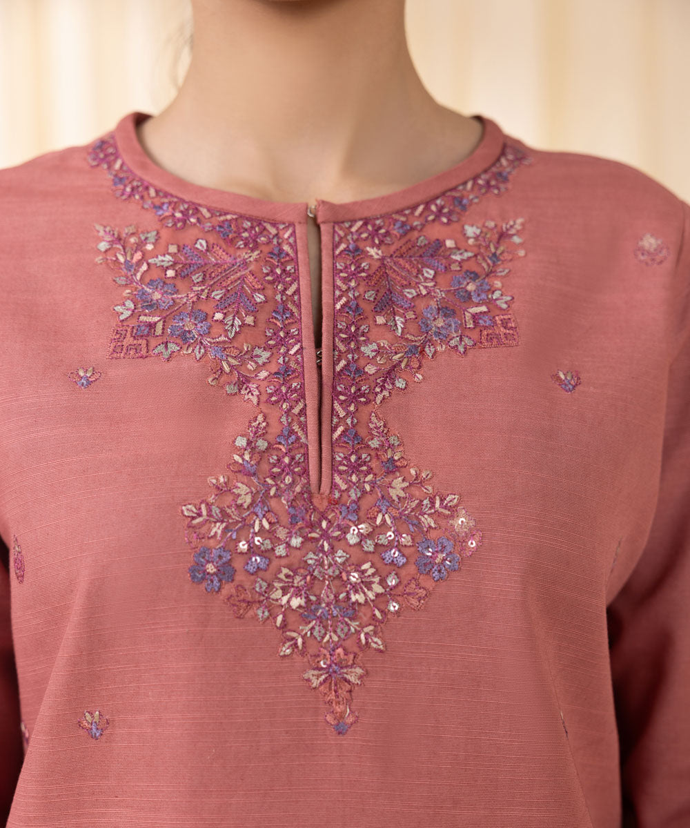 Women's Unstitched Embroidered Tea Pink Khaddar Three Piece Suit