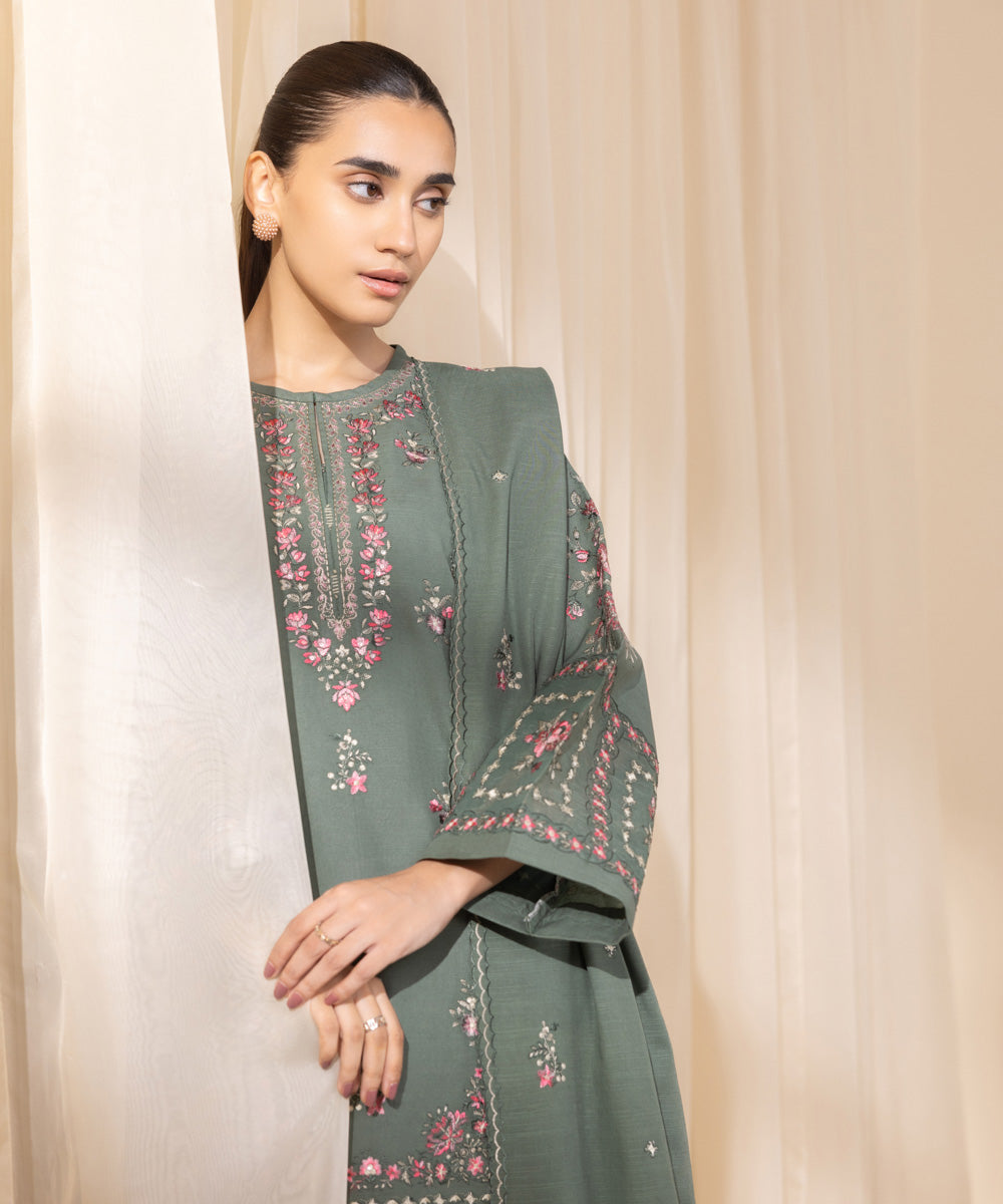 Women's Unstitched Embroidered Army Green Khaddar Three Piece Suit