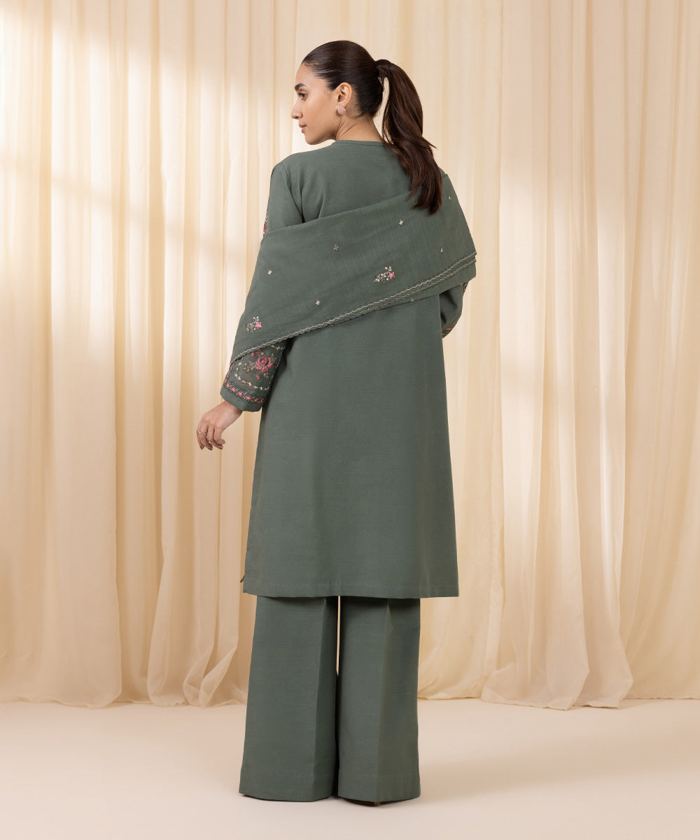 Women's Unstitched Embroidered Army Green Khaddar Three Piece Suit