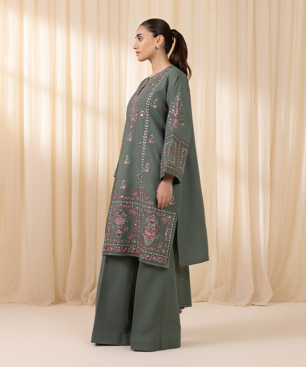 Women's Unstitched Embroidered Army Green Khaddar Three Piece Suit