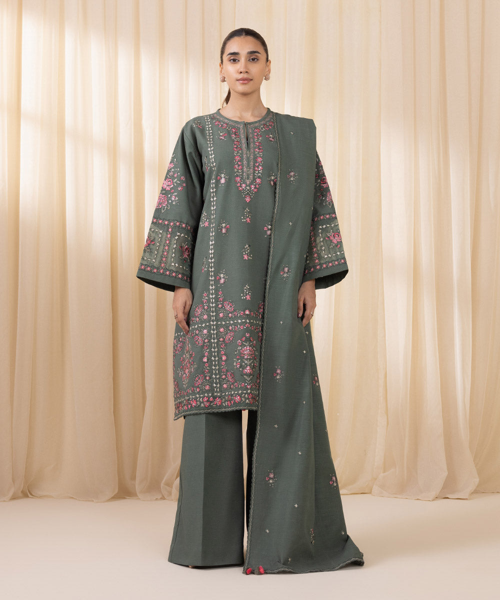 Women's Unstitched Embroidered Army Green Khaddar Three Piece Suit