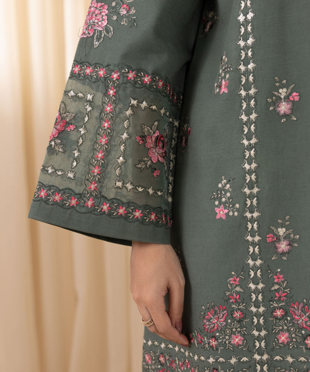 Women's Unstitched Embroidered Army Green Khaddar Three Piece Suit