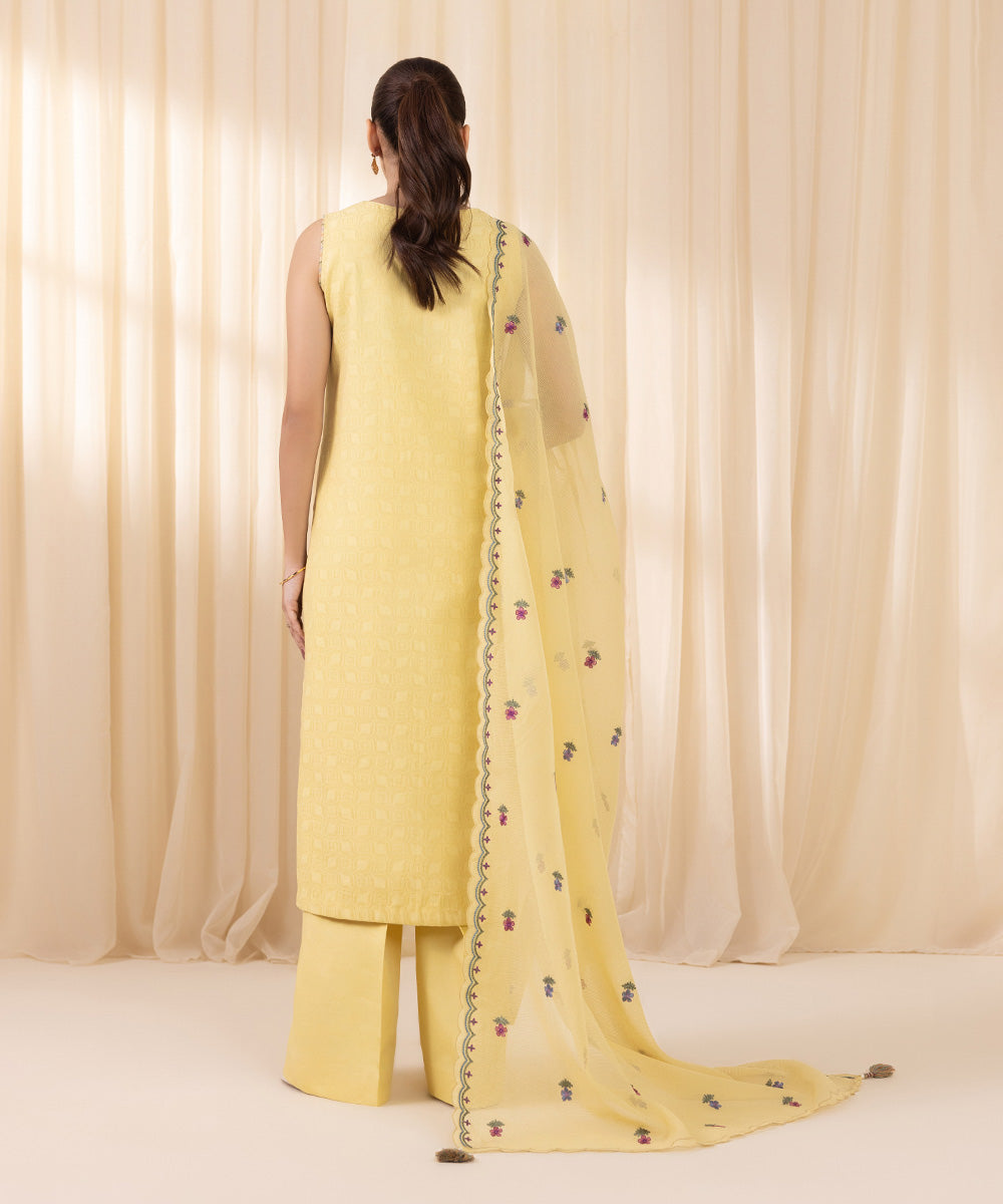 Women's Unstitched Embroidered Yellow Cotton Jacquard Three Piece Suit