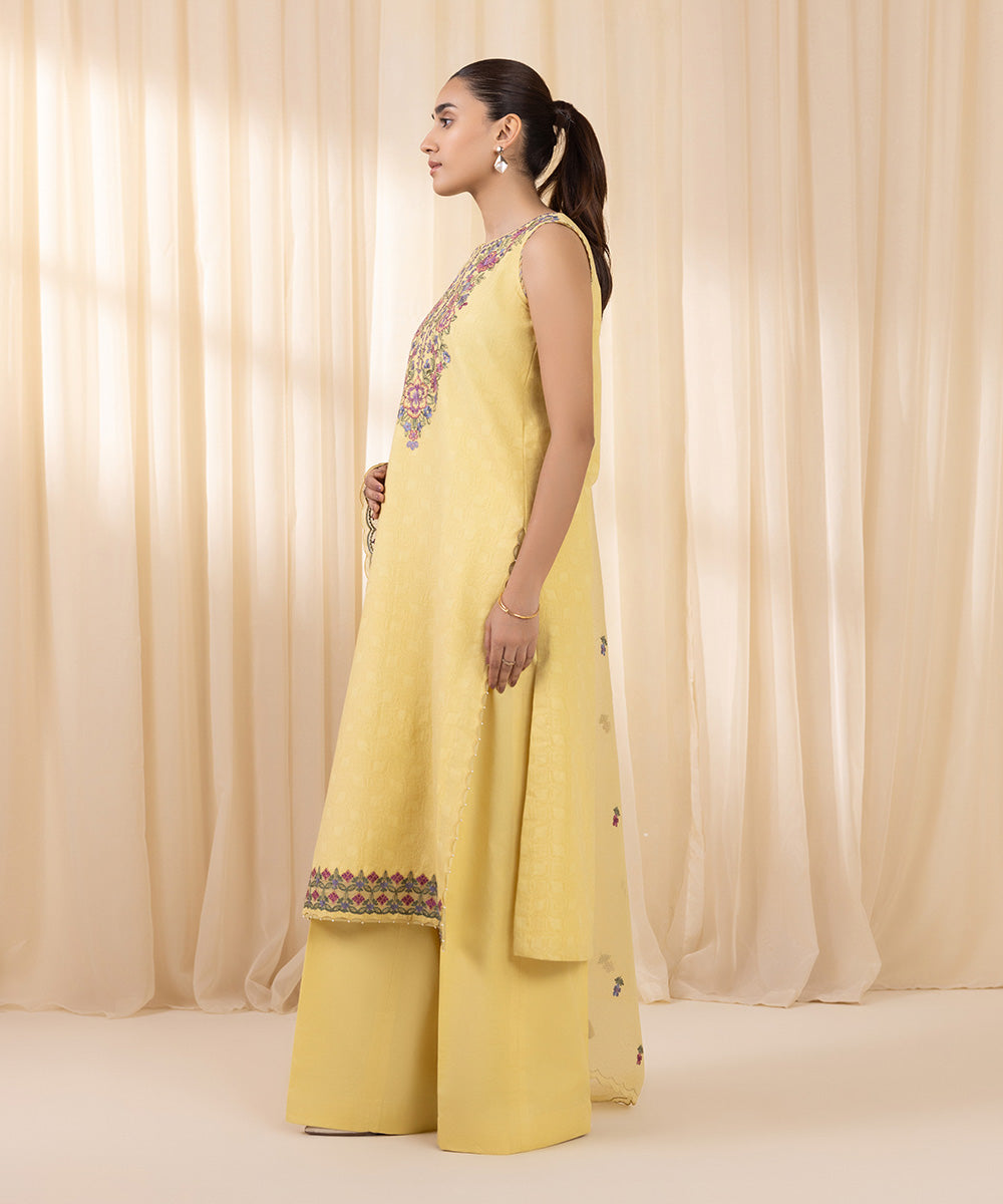 Women's Unstitched Embroidered Yellow Cotton Jacquard Three Piece Suit